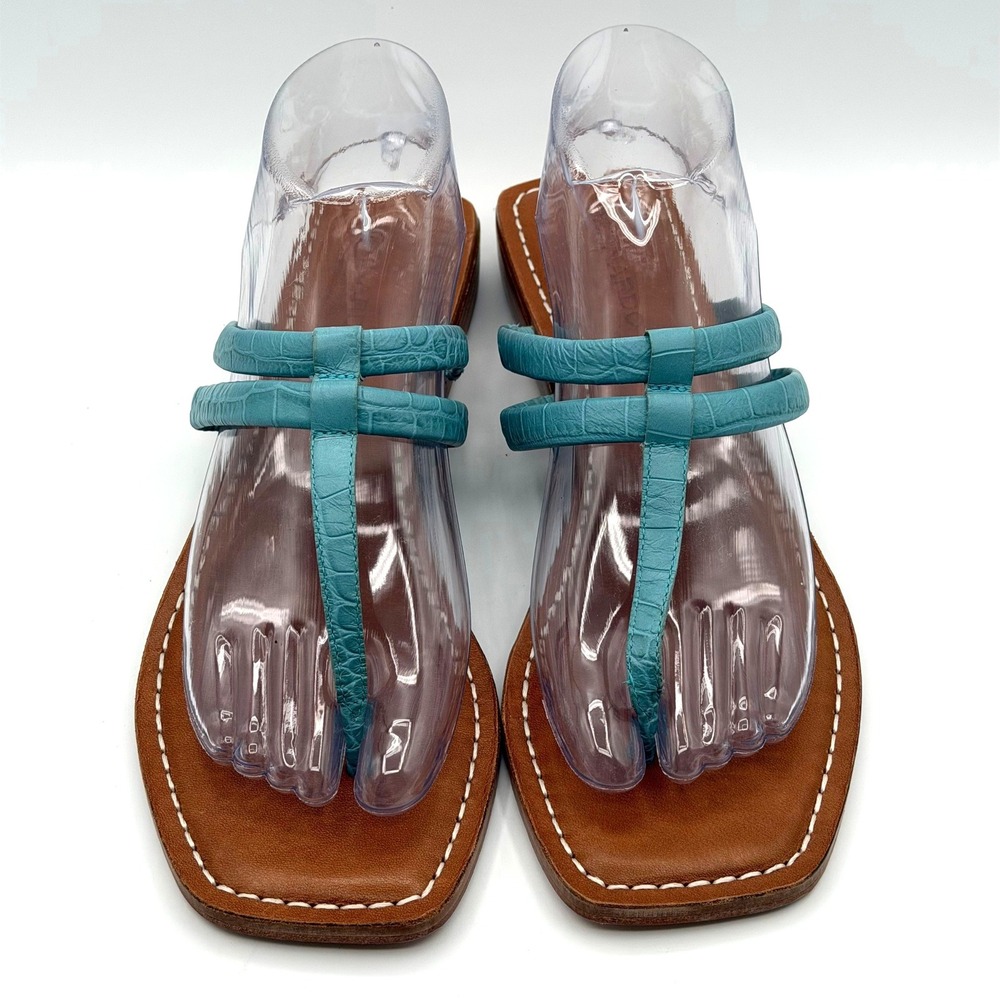 Bernardo Ozette Crocco T-Strap Sandals Womens 10M Turquoise Blue Square Toe